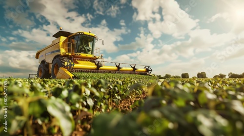 Large yellow harvester harvesting crops photo