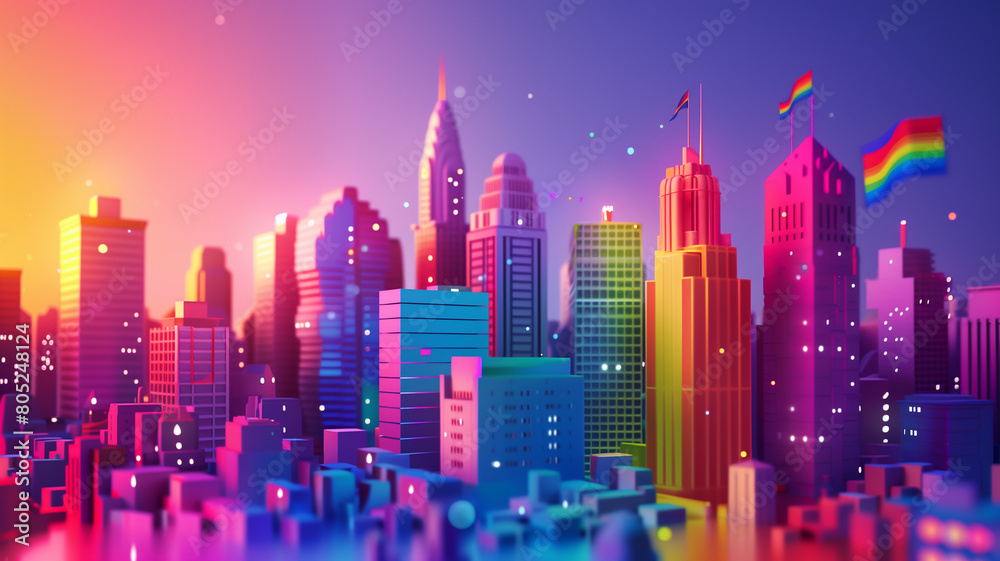 Fototapeta premium A futuristic 3D render of a city skyline with buildings illuminated in rainbow colors, celebrating LGBTQ+ Pride Month