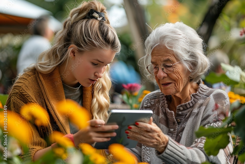 Young girl showing something on tablet to elderly grandmother