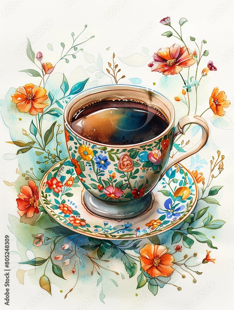 Elegant watercolor illustration of a coffee in a vintage cup, adorned with floral accents, rendered in bright colors for a serene and fresh atmosphere Elegant watercolor illustration of a coffee in a vintage cup, adorned with floral accents, rendered in bright colors for a serene and fresh atmosphere
