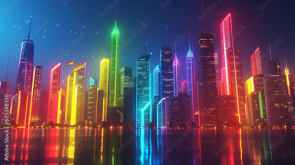 A futuristic 3D render of a city skyline with buildings illuminated in rainbow colors, celebrating LGBTQ+ Pride Month