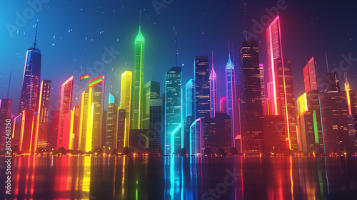 A futuristic 3D render of a city skyline with buildings illuminated in rainbow colors  celebrating LGBTQ  Pride Month
