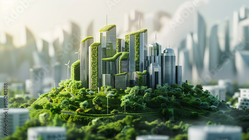 A futuristic 3D-rendered scene showcasing a World Environment Day event, with innovative green technology, renewable energy sources, and eco-friendly initiatives on display in a sustainable cityscape © mittpro
