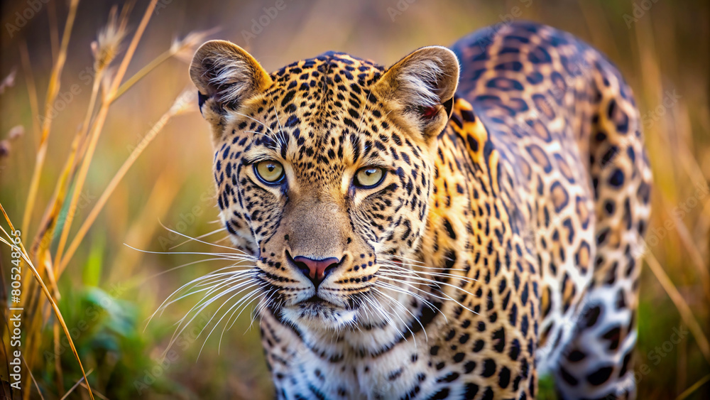 Obraz premium A Leopard’s Hunt. In the heart of the savannah, a leopard, the embodiment of stealth and grace, prowls in the golden light. Its spotted coat merges with the tall grass, as it prepares for the hunt.