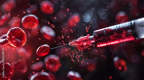 A closeup of a syringe needle puncturing a vein, injecting a swarm of sepsis bacteria photo
