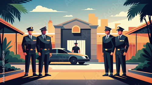 photo for advertising a private security company and security guards, all black uniform with short sleeves and a cloth cap, standing next to a patrol car