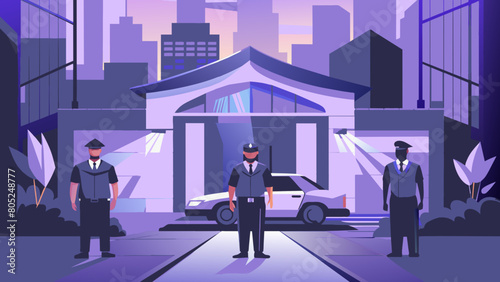 photo for advertising a private security company and security guards, all black uniform with short sleeves and a cloth cap, standing next to a patrol car