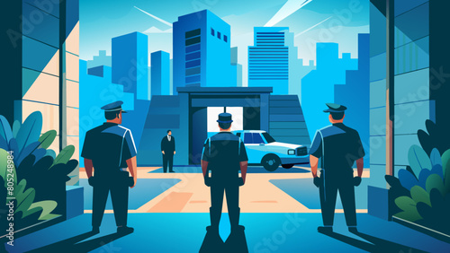 photo for advertising a private security company and security guards, all black uniform with short sleeves and a cloth cap, standing next to a patrol car