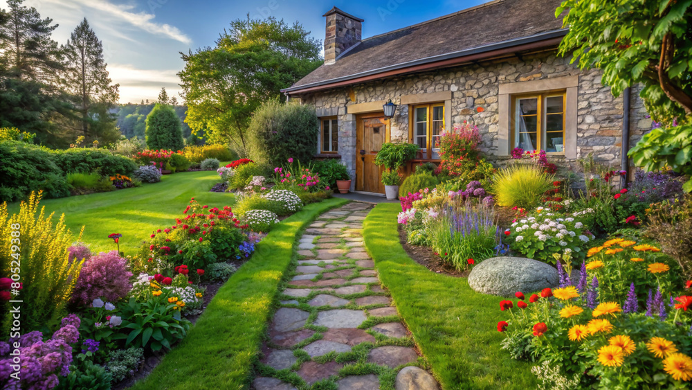 Floral Pathway to a Home Farm Cottage. An enchanting stone pathway, lined with vibrant flowers, meanders through a lush yard, leading to the inviting door of a charming cottage nestled in Home Farm.
