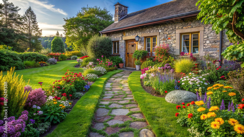 Floral Pathway to a Home Farm Cottage. An enchanting stone pathway, lined with vibrant flowers, meanders through a lush yard, leading to the inviting door of a charming cottage nestled in Home Farm. © hobonski