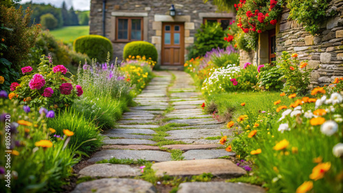 Floral Pathway to a Home Farm Cottage. An enchanting stone pathway, lined with vibrant flowers, meanders through a lush yard, leading to the inviting door of a charming cottage nestled in Home Farm.