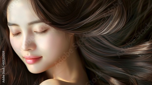 Portrait of beautiful asian woman with long brown hair, close up.