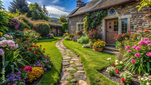 Floral Pathway to a Home Farm Cottage. An enchanting stone pathway, lined with vibrant flowers, meanders through a lush yard, leading to the inviting door of a charming cottage nestled in Home Farm. © hobonski