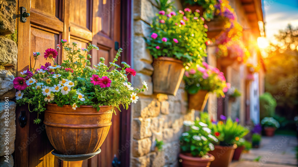 A charming village house, its stone walls adorned with terracotta pots brimming with a riot of blooming flowers. 