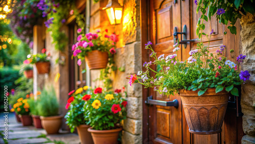 A charming village house, its stone walls adorned with terracotta pots brimming with a riot of blooming flowers. 