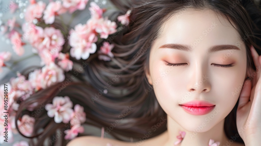 Beautiful young asian woman lying on flower petals with closed eyes.