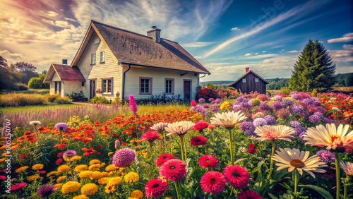 Blooms and Homestead at Home Farm. A charming wooden house at Home Farm serves as the backdrop for a vibrant display of summer flowers. The lush blooms  basking in the warm glow of the sun.