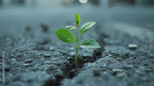 A close-up of a plant breaking through urban concrete, symbolizing the powerful force of nature and its survival instincts within a man-made environment photo