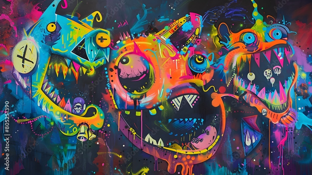 Mischievous Anthropomorphic Creatures Embark on a Neon Tinged Whimsical Adventure in Vibrant Abstract Painting