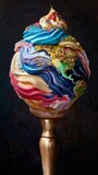 A globe-shaped ice cream dessert, with swirls of flavors from various continents, presenting a delicious metaphor for global unity and diversity