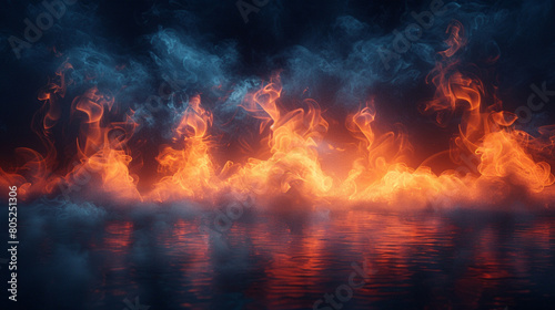 Silky azure smoke abstract background wafts over a stage under a fiery orange spotlight, casting a warm glow against a dark backdrop.