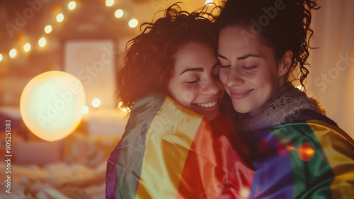 A tender portrait of a couple wrapped in the pride flag, embracing lovingly with eyes closed and smiles on their faces, surrounded by a soft, warm glow photo
