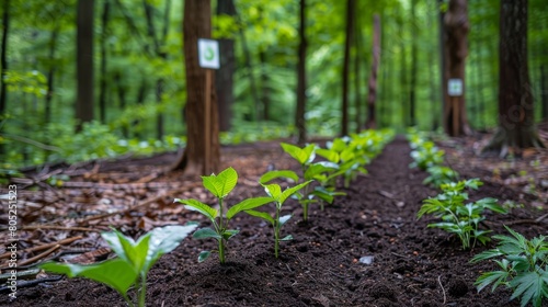 A pathway through a newly reforested area, lined with young saplings and directional signs, illustrating the guided efforts towards ecological recovery and sustainability photo