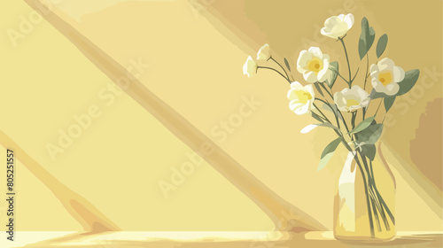 Vase with beautiful eustoma flowers on table near yellow photo