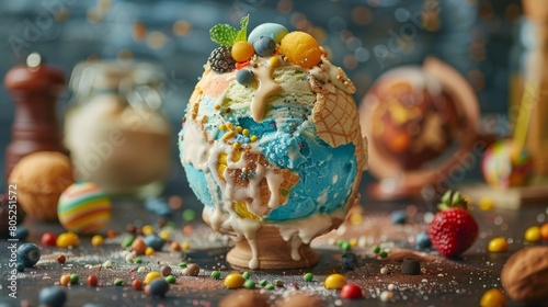 A scoop of ice cream shaped like Earth, adorned with toppings from around the world, representing the global influence on culinary treats