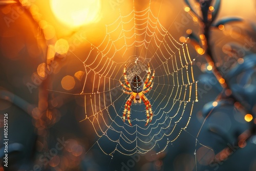 A spider weaving its web at dawn, illustrating the impeccable work ethic required to survive and thrive within the majestic cycle of life and nature's wonders