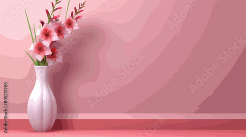 Vase with beautiful gladiolus flowers on table agains photo