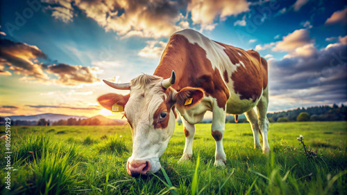  Cow Grazing in the Meadow at Home Farm. A tranquil scene unfolds as a cow grazes leisurely in a lush meadow at a home farm. The warm glow of the setting sun enhances the serene atmosphere.