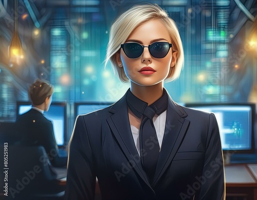 a young attractive woman with short blond hair in a black suit and dark sunglasses in a computer room in front of a huge screen with security software looks up seriously