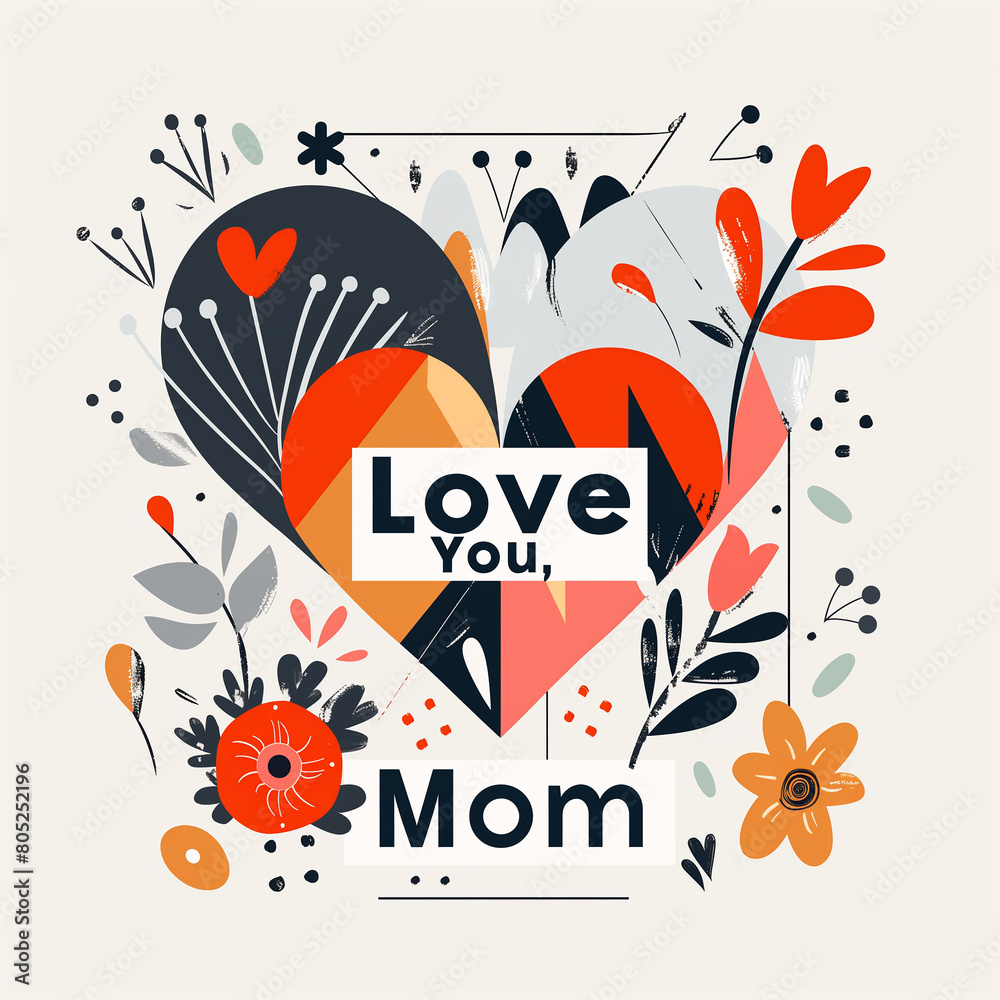 A vector banner featuring a modern geometric design with overlapping shapes forming a heart, surrounded by abstract flowers and the words A vector banner featuring a modern geometric design with overlapping shapes forming a heart, surrounded by abstract flowers and the words