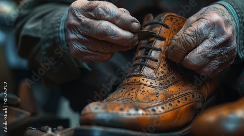 Close-up of a craftsman's hands carefully repairing a shoe, showcasing the art of traditional cobbling photo