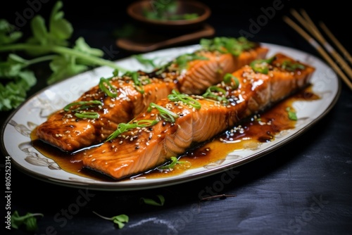 Aromatic Salmon soy sauce. Seafood meal. Generate Ai