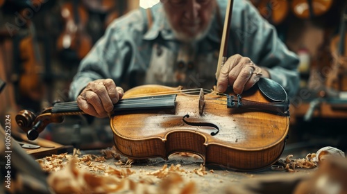 In the intimate glow of a workshop, a luthier's hands skillfully shape the neck of a violin, a visual ode to the meticulous craft of instrument making photo
