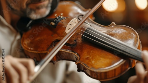 The intense focus and detailed expression of a seasoned violinist during a performance photo