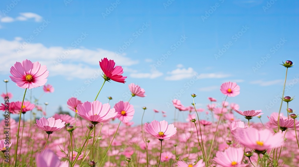 sky pink flowers blue background