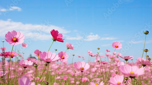 sky pink flowers blue background