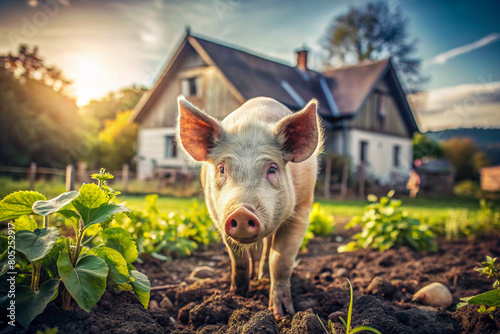A curious piglet explores the verdant garden of a home farm as the sun sets, casting a warm glow over the scene. The quaint farmhouse in the background adds a touch of rustic charm.