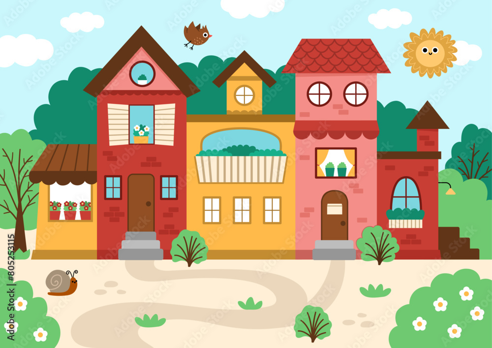 Vector city scene with beautiful house surrounded by garden. Landscape sunny day illustration with residential building. Cute cottage with windows, flowers. Funny little town scenery with sun, bird.