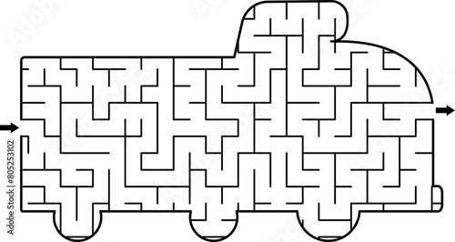 Construction site geometrical maze for kids with special car. Labyrinth game shaped as truck. Building works preschool printable activity. Repair service game, puzzle with industrial vehicle.