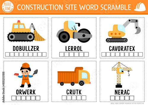 Vector construction site word scramble activity page. English language game cards with cars, trucks for kids. Special transport family quiz with industrial vehicles. Educational printable worksheet.
