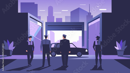 photo for advertising a private security company and security guards, all black uniform with short sleeves and a cloth cap, standing next to a patrol car