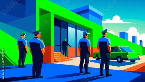 photo for advertising a private security company and security guards, all black uniform with short sleeves and a cloth cap, standing next to a patrol car