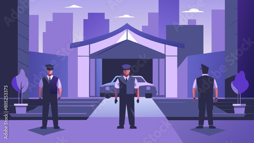 photo for advertising a private security company and security guards, all black uniform with short sleeves and a cloth cap, standing next to a patrol car