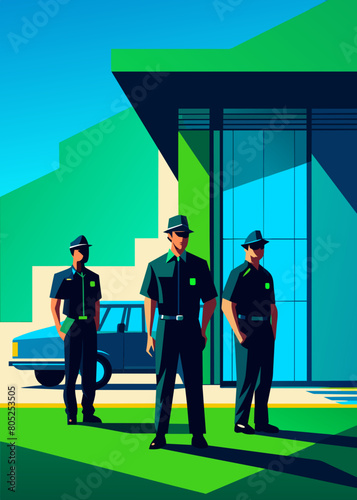 photo for advertising a private security company and security guards, all black uniform with short sleeves and a cloth cap, standing next to a patrol car