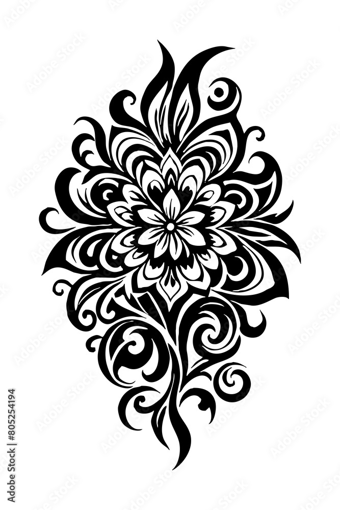 Botanical black and white pattern. For use on tattoos, posters, textiles, T-shirt printing. Generated by Ai