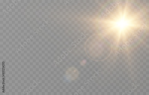 Realistic vector light on isolated transparent background. Light with glare png. Dawn, sunset, sun png. Flash of light, light effect.
